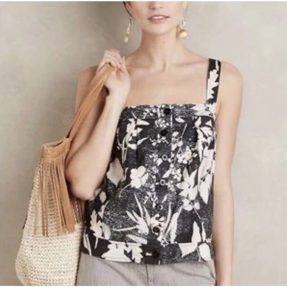 ANTHROLOGIE HD IN PARIS Laurel Motif Tropical Linen Blend Sleeveless Top 8 NWT